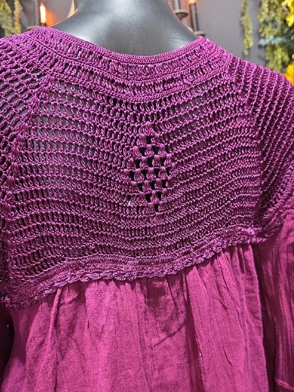 Free People Boho Crochet Yoke Blouse - Purple